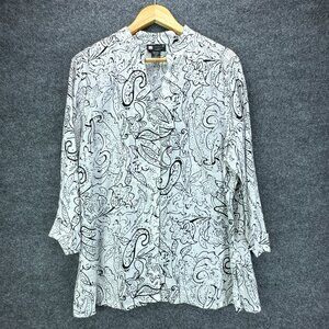 Carole‎ Little Linen Shirt Womens 2X Black White Floral Button Up Lightweight